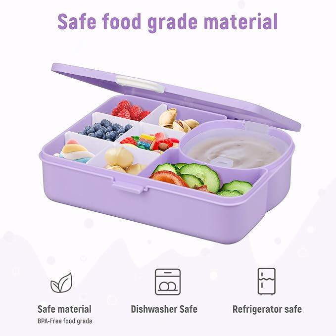 2 Pack Snackle Box Container for Kids,Adjustable Compartments,Reusable Snack Containers with Lids,Easy-Open Latch,Lunch Food Containers,Dishwasher Safe,Leak-Proof Silicone Ring(2 Pack-Purple)-NeatNest