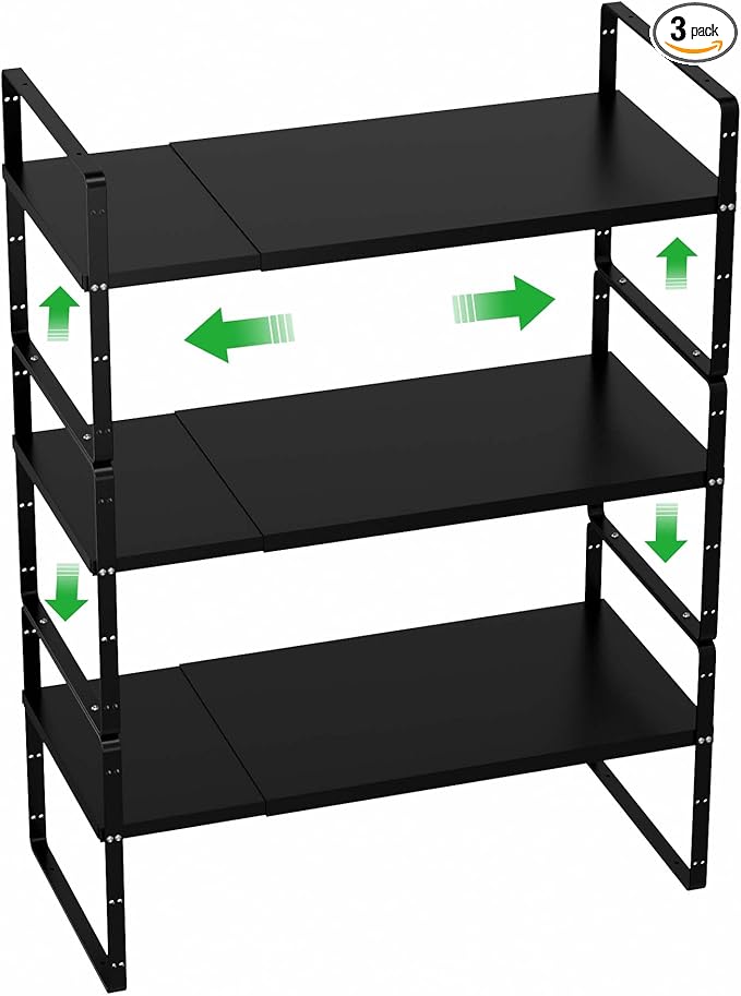 Cabinet Organizer Shelves,Expandable Spice Racks,Stackable Storage Shelves for Kitchen,Pantry,Counter,Bathroom,Home,Office,3 Packs,8.07" D,Black