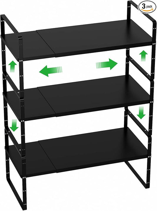Cabinet Organizer Shelves,Expandable Spice Racks,Stackable Storage Shelves for Kitchen,Pantry,Counter,Bathroom,Home,Office,3 Packs,8.07" D,Black