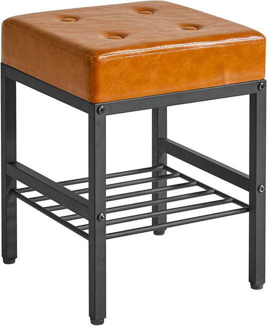 IBUYKE Square Makeup Stool with Adjustable Feet and Storage Space, Footrest Chair, PU Vanity Seat, Multi-Use as Small Side Table or Ottoman, for Bedroom, Light Brown LG-60J