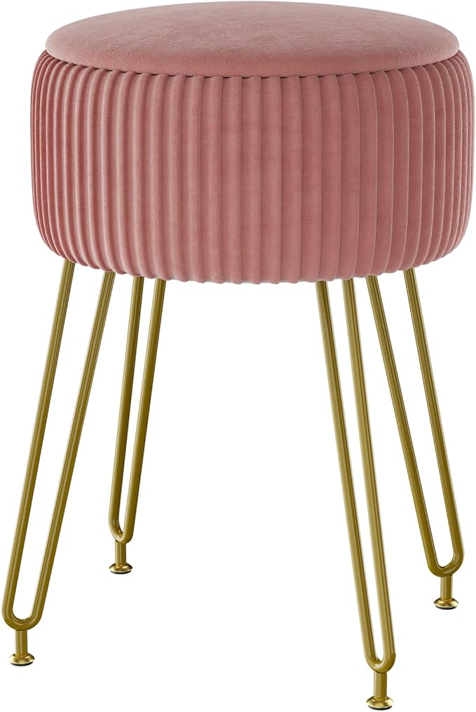 IBUYKE Velvet Storage Footrest Stool Ottoman, Makeup Vanity Stool Side Table with Golden Steel Legs Removable Cover, Coffee Table Top Cover, Pink LG-20P
