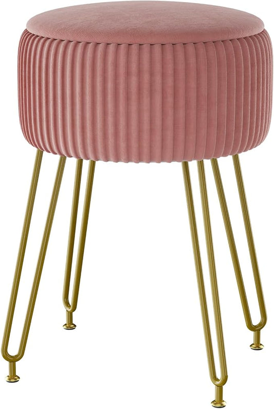 IBUYKE Velvet Storage Footrest Stool Ottoman, Makeup Vanity Stool Side Table with Golden Steel Legs Removable Cover, Coffee Table Top Cover, Pink LG-20P