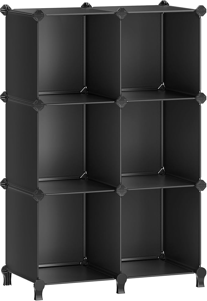 SONGMICS 6 Cube Storage Organizer, Modular Bookshelf, DIY Closet Organizers and Storage, Plastic Stackable Shelves, 11.8 x 11.8 x 11.8 Inch Cubes, with Feet and Rubber Mallet, Black ULPC06H