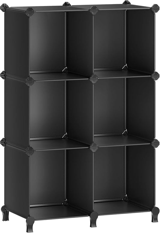 SONGMICS 6 Cube Storage Organizer, Modular Bookshelf, DIY Closet Organizers and Storage, Plastic Stackable Shelves, 11.8 x 11.8 x 11.8 Inch Cubes, with Feet and Rubber Mallet, Black ULPC06H