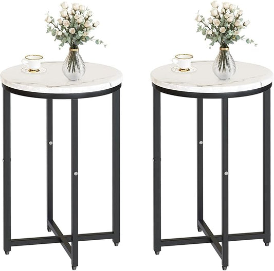 DKLGG Modern Black Side Table Set of 2, Small Coffee Table Round End Table with Black Frame, Faux Marble Bedside Table for Living Room, Bedroom, Small Space, 16" D*24" H