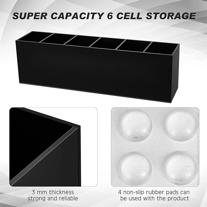 Jetec Acrylic Pen Holder 6 Compartments Makeup Brush Stationery Organizer Pencil Holder for Desk Accessories, Cosmetic Brushes, Dorm, Home, Bathroom, Kitchen, Office Supplies(Black)-NeatNest