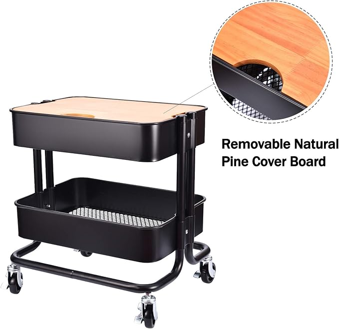 2-Tier Metal Utility Rolling Cart Storage Side End Table with Cover Board for Office Home Kitchen Organization, Black
