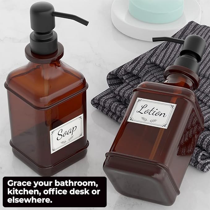 GLADPURE Soap Dispenser 2 Pack, Hand Soap Dispensers with 18 Oz Antique Design Thick Amber Glass Bottle, 316 Rust Proof Stainless Steel Black Pump, 6Pcs Stickers, for Lotion, Soap, Essential Oil-NeatNest