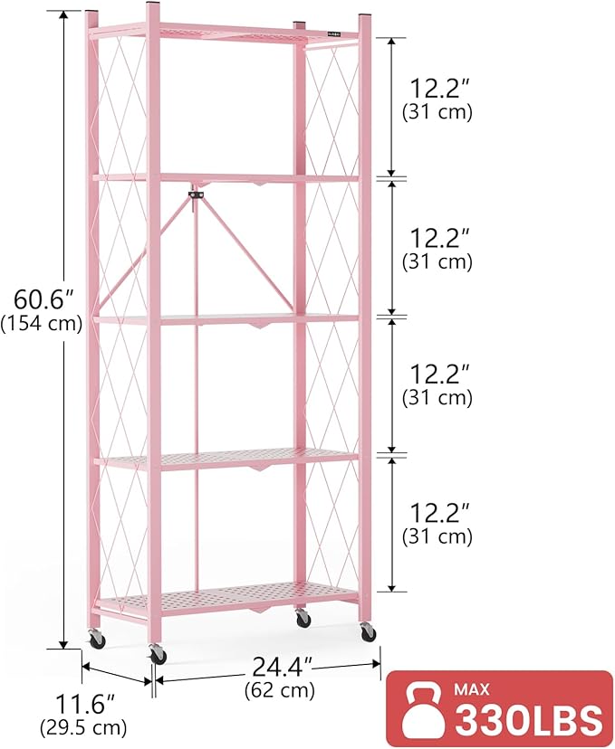 ALANNG 2-Pack Folding Bookshelf on Wheels, Cute Rolling Shelves for Bedroom, Colorful Storage Cart for Kids Rooms, Nursery, No Assembly Metal Book Shelf (5 Tier, Pink)