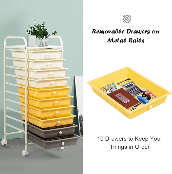 Giantex 10 Drawer Rolling Storage Cart Scrapbook Paper Office School Organizer (Beige+Yellow+Grey)