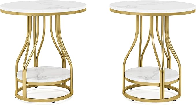 Tribesigns Round Side End Table 2-Tier End Tables Modern Bedside Table Small Chirside Tables with Storage for Couch Side, Nightstand with Metal Frame for Living Room (2, White+Gold)