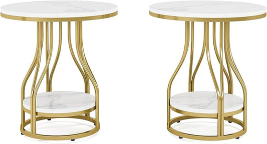 Tribesigns Round Side End Table 2-Tier End Tables Modern Bedside Table Small Chirside Tables with Storage for Couch Side, Nightstand with Metal Frame for Living Room (2, White+Gold)