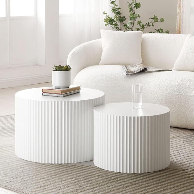 Nesting Coffee Table Set of 2, Modern Wooden Round Coffee Tables for Living Room, Circle Accent End Table Center Table for Small Spaces Bedroom Balcony Office, No Assembly Required, White