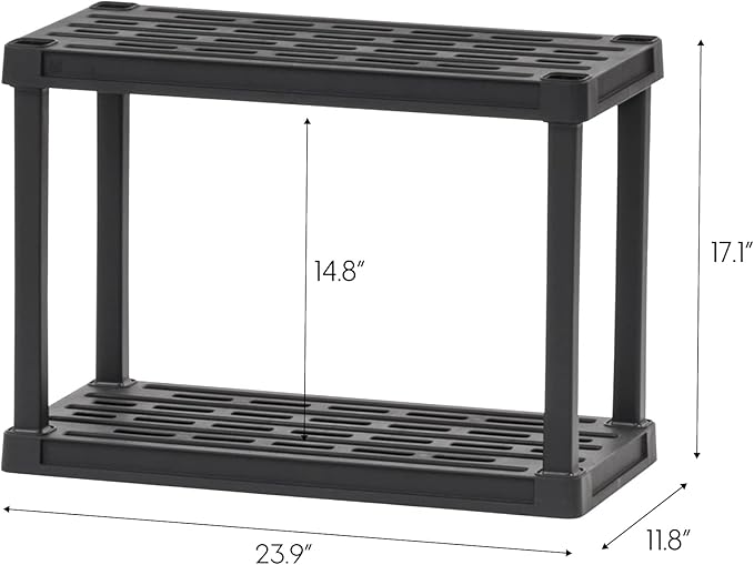 IRIS USA 2-Shelf Light Duty Plastic Storage Shelves, 100lb Capacity, 17"H x 24"W x 12"D, Medium Modular Shelving Unit Storage Organizer for Bathroom, Laundry, Garage & Home, Storage Rack - Black