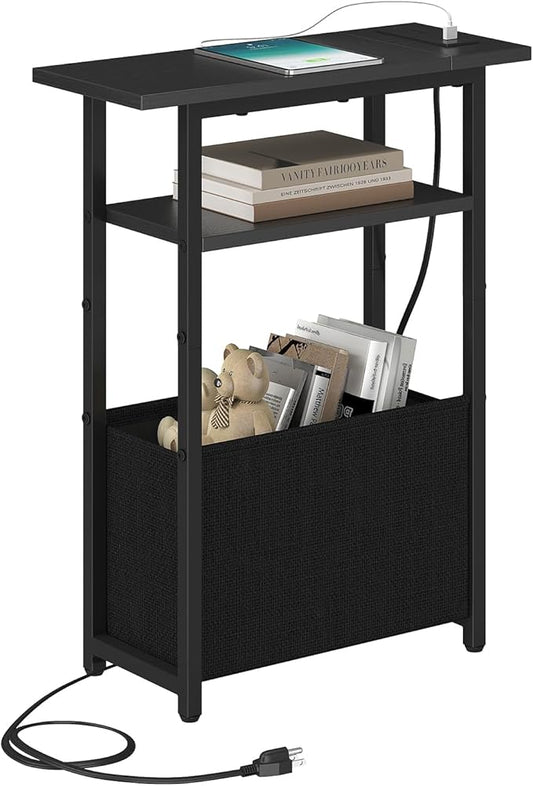 Narrow Side Table with Charging Station, Small End Table for Small Spaces, Skinny Nightstands with Storage Basket, 3 Tier Sofa Couch Bedside Tables for Living Room,Bedroom, Black