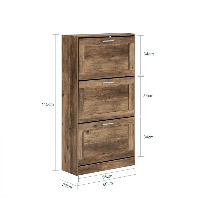 Haotian Freestanding Shoe Cabinet with 3 Flip-Drawers, Rustic Brown, W23.6 x D9.1 x H45.3 inches, Entryway-NeatNest