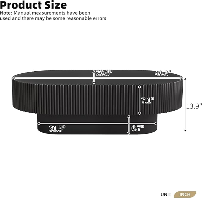 KEVINSPACE Oval Coffee Table for Living Room Modern Wood Center Tables Cocktail Fluted 43.3" W Reception Room Easy Assemble, Black
