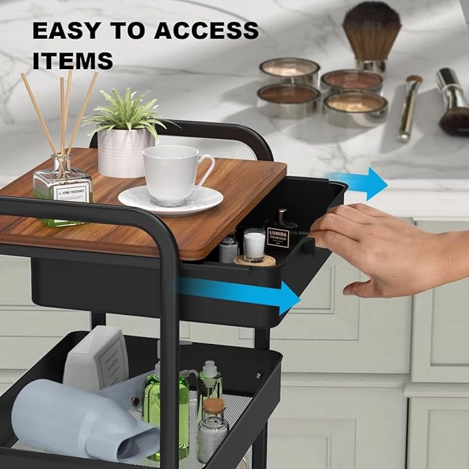 3 Tier Rolling Cart with Drawer, Metal Utility Cart on Wheels Storage Cart with Wood Top, Kitchen Cart Art Cart Organizer for Bathroom Office Balcony Living Room-NeatNest