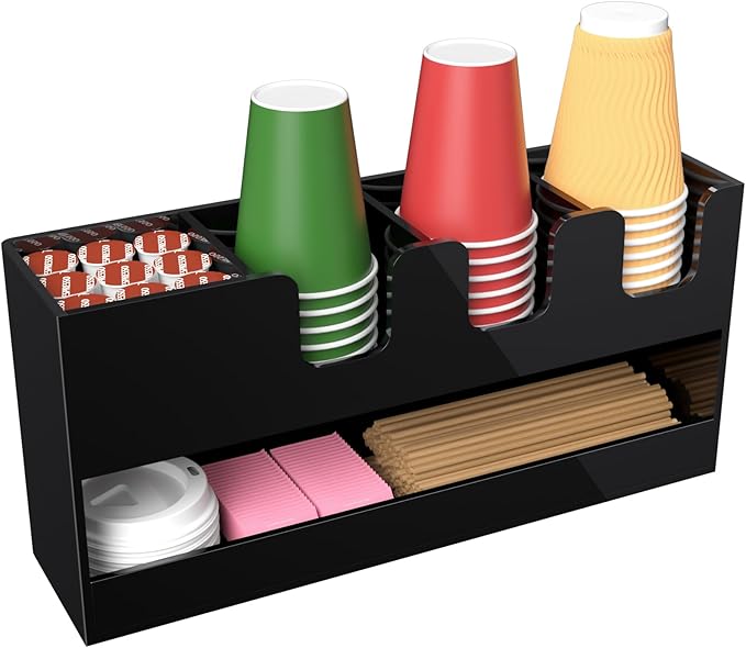 Coffee Condiment and Cup Organizer - 2-Tier Upright Cup and Lid Holder with Straw Organizer 5 Compartments Black Acrylic Cup Dispenser for Restaurant Breakroom Coffee Station Countertop-NeatNest