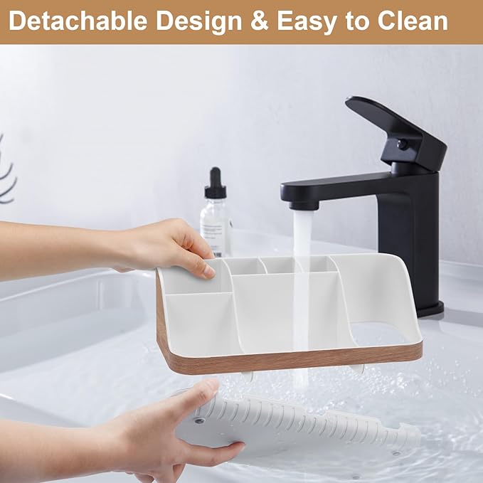 Bathroom Countertop Organizer - Detachable 7 Slots Kids Electric Toothbrush and Toothpaste Holde Drainage for Bathroom Accessories Organization Counter Vanity Storage, Woodgrain-NeatNest