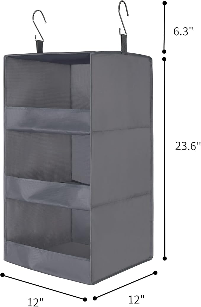 GRANNY SAYS 3-Shelf Closet Organizers and Storage, Foldable Hanging Closet Organizer, Hanging Closet Shelves with 2 Metal Hooks, Leak-Proof Closet Hanging Organizer for Locker & Camper, Gray, 2-Pack-NeatNest