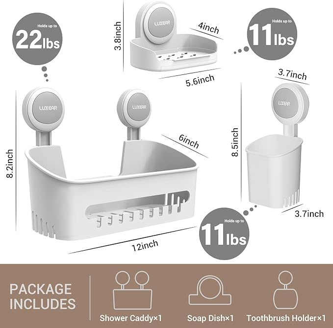 LUXEAR 3 Packs Shower Caddy Suction Cup Set - Shower Shelf+Soap Dish+Toothbrush Holder - 1 Second Installation NO-Drilling Removable Powerful Waterproof Shower Organizer for inside Shower Bathroom