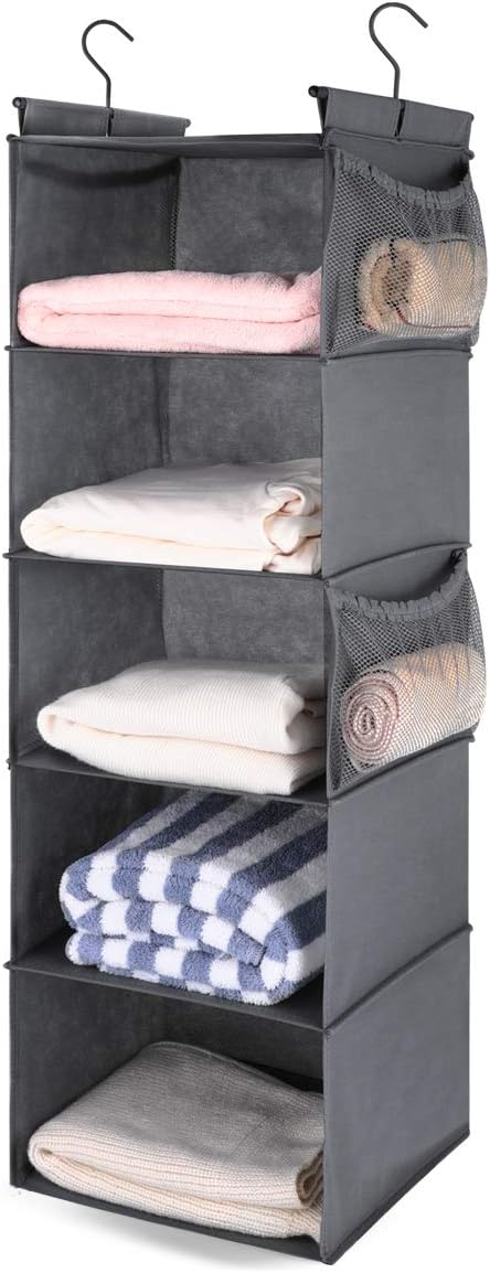MAX Houser 5 Shelf Hanging Closet Organizer, Space Saver, Cloth Hanging Shelves with 4 Side Pockets, Foldable, Grey-NeatNest