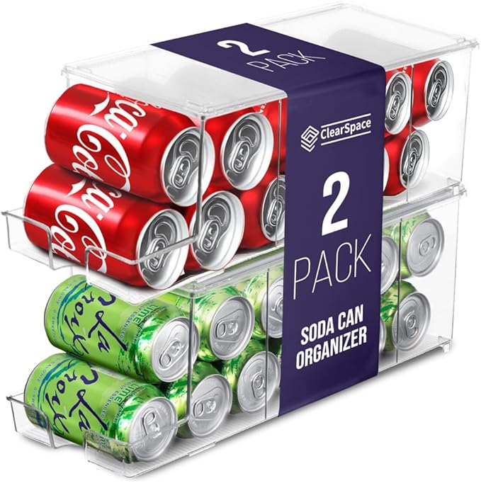 ClearSpace Soda Can Organizer & Soda Can Dispenser for Refrigerator - Fridge Organizer & Stackable Drink Organizer for Fridge or Refrigerator - Holds 12 Cans Each, BPA Free - 2 Pack-NeatNest
