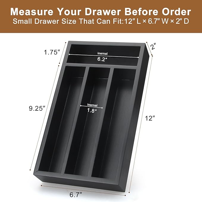 Small Cutlery Tray Narrow Wooden Silverware Organizer 12"x6.7" Spoon Kitchen Utensil Holder for Drawer Divider Bamboo Cutlery Drawer Organizers Storage Black Wood Silverware Tray Flatware Organizer-NeatNest