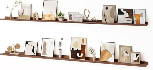 Floating Picture Ledge Shelves for Wall Set of 2, 84 Inches Picture Ledge Shelf with Long Large Nursery Book Shelf for Toys Storage Kids Bookshelf Wall Mounted Living Room Bedroom Decor Frames, Walnut-NeatNest