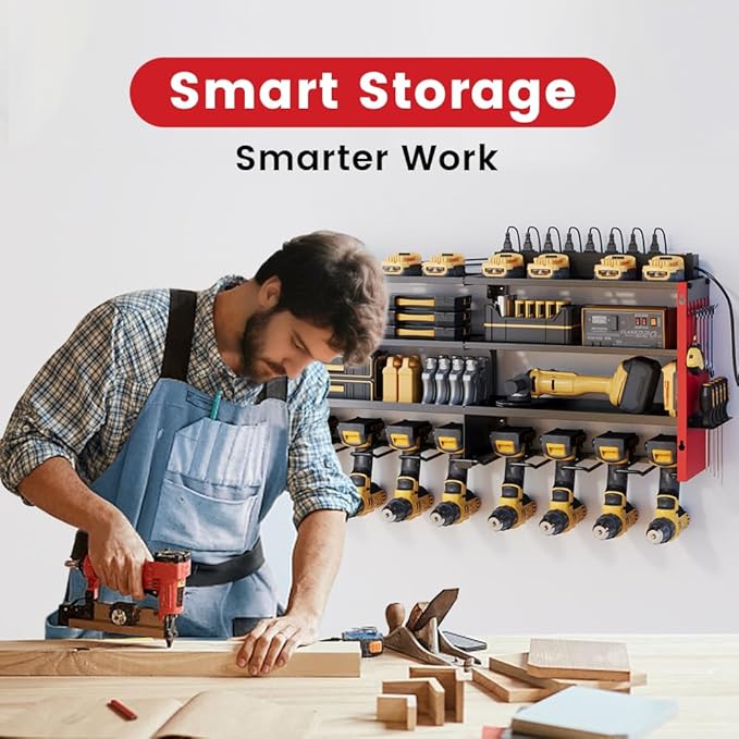 4 Layers Power Tool Organizer Wall Mount with Power Strip, Heavy Duty Metal Shelf, 400lbs Capacity for Cordless Drills, Batteries & Garage Storage (8 Slots with 8 Outlets Power Strip)