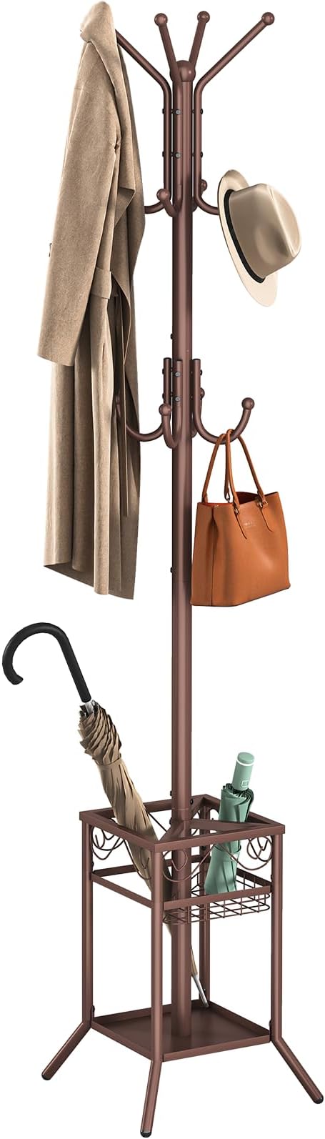 ELYKEN Coat Rack Freestanding, Metal Coat Rack Stand with Umbrella Holder, Modern Coat Tree with 12 Hooks, Floor Standing Corner Hall Tree for Entryway Living Room Bedroom Office, Brown-NeatNest