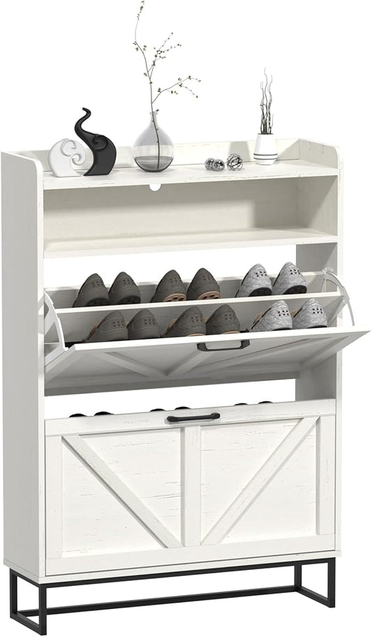Hidden Shoe Storage Cabinets with 2 Flip Drawers and Extra Storage, Freestanding Narrow Shoe Organizer Rack for Entryway, White-NeatNest