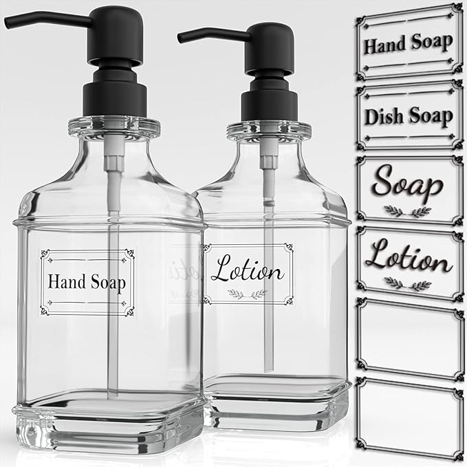 GLADPURE 2 Pack Soap Dispenser, 18 Oz Antique Design Thick Glass Hand Dispensers; with 304 Rust Proof Stainless Steel Pump, 6Pcs Clear Stickers, for Kitchen, Bathroom- Black-NeatNest