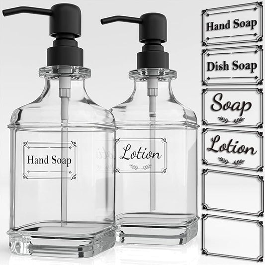 GLADPURE 2 Pack Soap Dispenser, 18 Oz Antique Design Thick Glass Hand Dispensers; with 304 Rust Proof Stainless Steel Pump, 6Pcs Clear Stickers, for Kitchen, Bathroom- Black-NeatNest