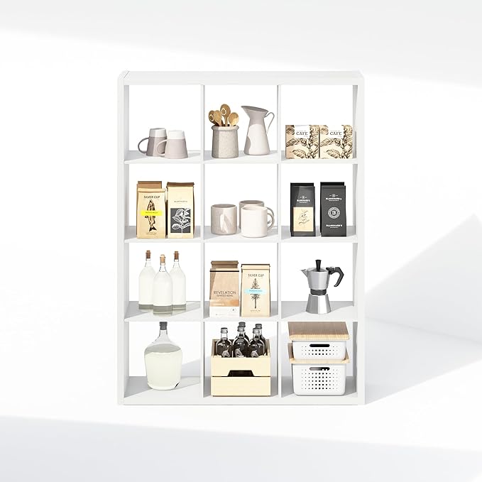 Furinno Cubic Open Back Multipurpose Clothing & Closet Storage Organizer Shelf, 12-Cube, White