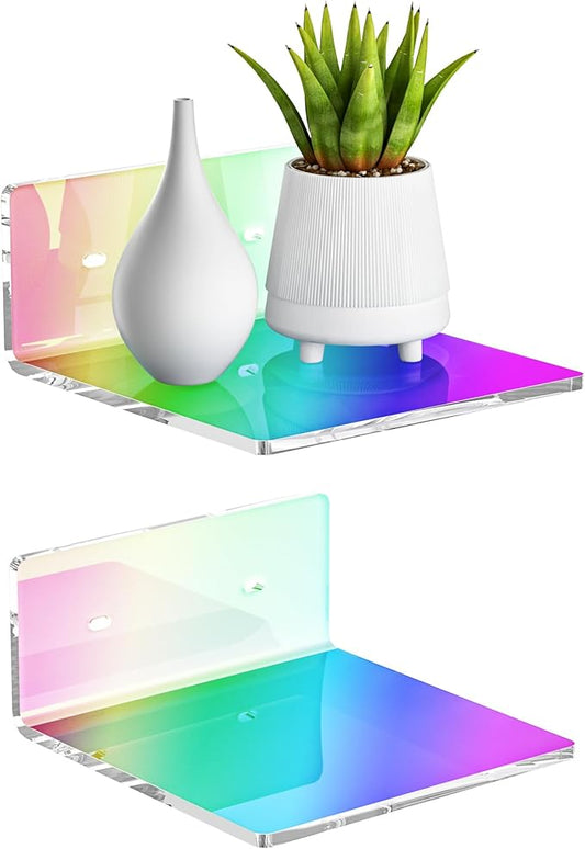 6 Inches Iridescent Acrylic Wall Shelves Set of 2, Wall Mounted Storage Display Shelves for Bedroom, Gaming Room, Living Room, Bathroom, Dining Room, Office, 2 Pack-NeatNest