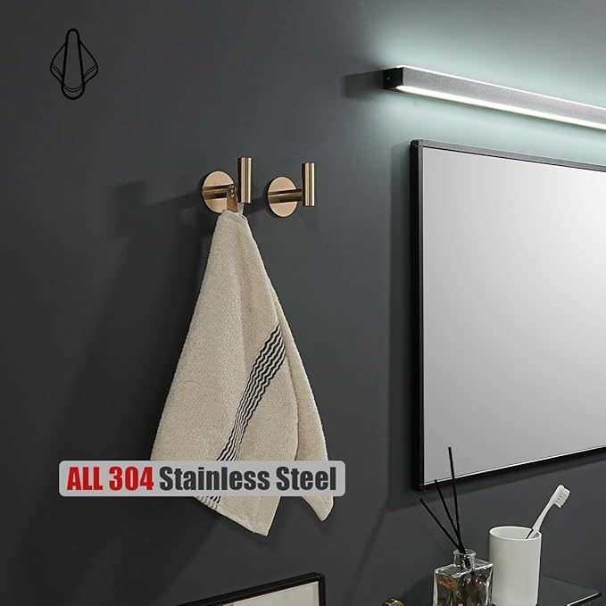 JQK Self Adhesive Towel Hook Champagne Bronze, No Drill Stick on Coat Robe Clothes Wall Hook for Bathroom 2 Pack, 304 Stainless Steel, ATH110-CB-P2