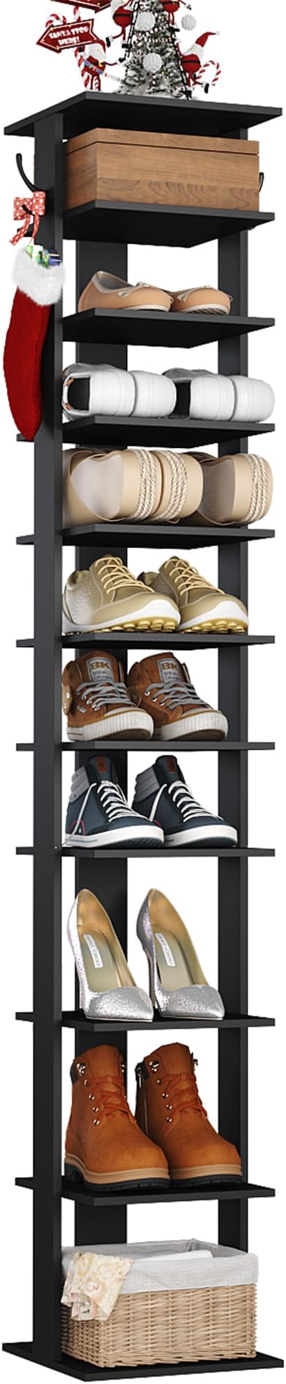HOMEFORT 10-Tier Vertical Shoe Rack, Corner Shoe Tower, Slim Shoe Organizer with Two Hanging Hooks, Wooden Shoe Storage Stand for Entryway, Hallway, Closet (Black)-NeatNest