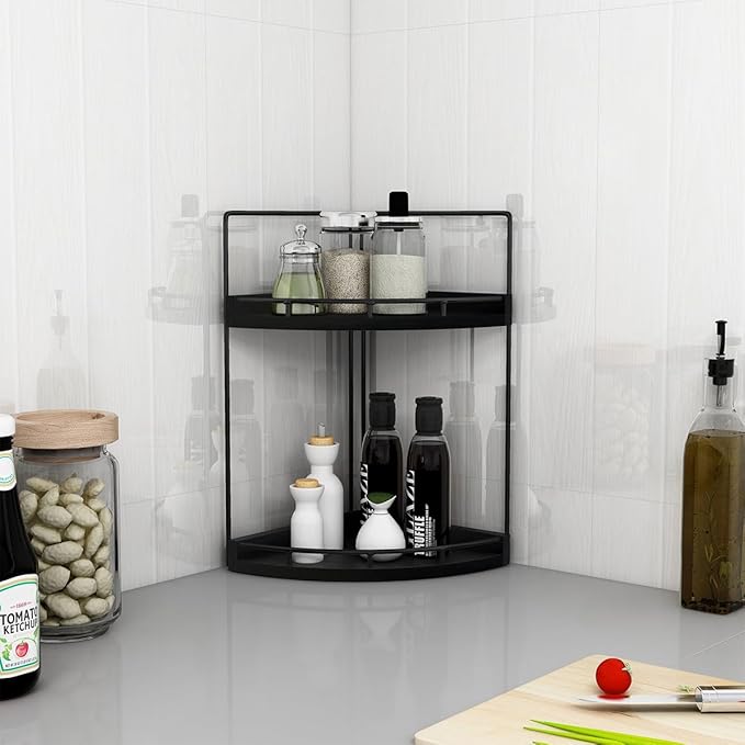 Dorhors 2-Tier Bathroom Counter Organizer,Vanity Counter Corner Shelf, Skincare, Wood Countertop Bathroom Storage and Organization for Kitchen (Black)-NeatNest