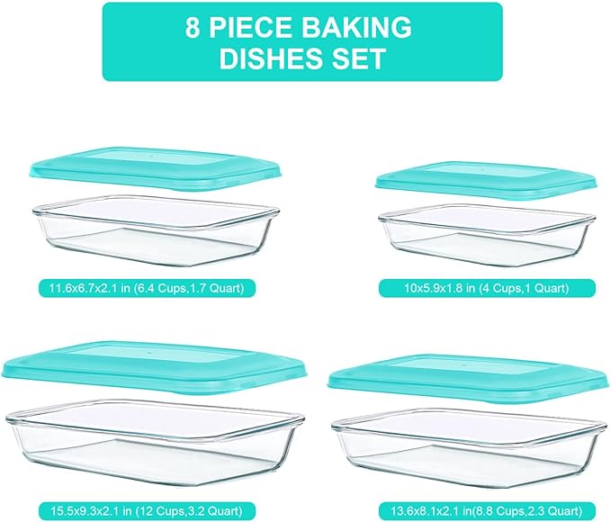 8 Pieces Glass Baking Dish with Lids Rectangular Glass Baking Pan Bakeware Set with BPA Free Lids, Baking Pans for Lasagna, Leftovers, Cooking, Kitchen, Fridge-to-Oven, Green