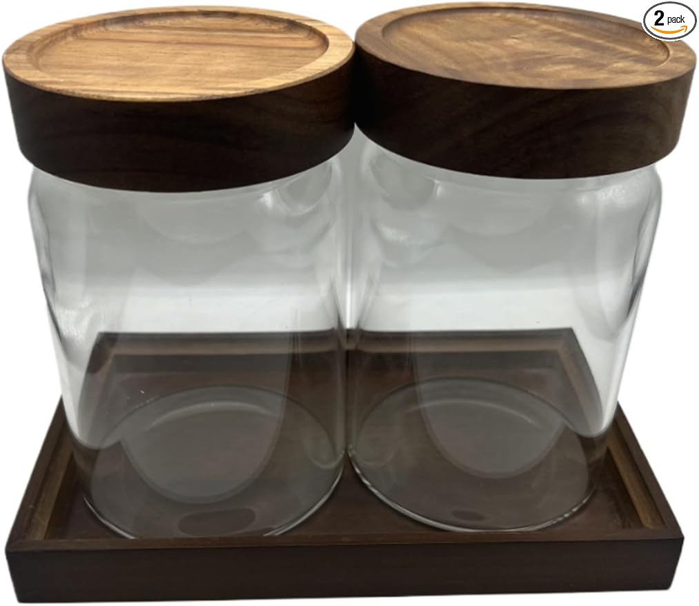 Clear Glass Storage Canister with Airtight Wooden Screw Lid 33oz/1000g 2 PACK with Tray,Decorative Container Jar for Coffee,Spice,Candy,Salt,Cookie,Condiment,Pepper,Sugar,Overnight Oatmeal-NeatNest