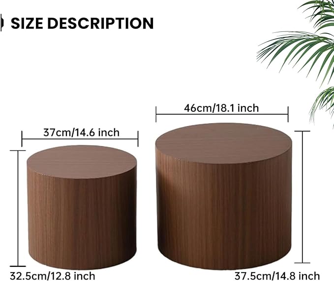 Nesting Coffee Table Set of 2, Modern Round Coffee Table with Non-Slip Feet, Wooden Circle Accent Tables for Small Spaces Living Room Bedroom Balcony Office Drum Side Table (C Walnut)