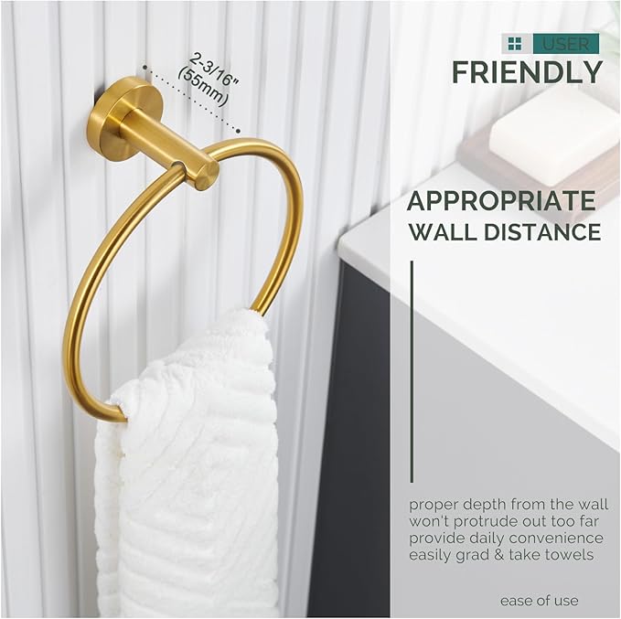 Bathroom Towel Ring Brushed Gold, Angle Simple SUS304 Stainless Steel Modern Towel Holder, Swivel Hand Towel Rack Wall Mounted