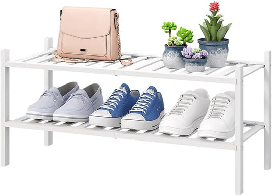 White Shoe Rack for Entryway, 2 Tier Shoe Organizer for Hallway Closet, Bamboo Wood Shoe Racks for Indoor Outdoor (White, 2-Tier)-NeatNest
