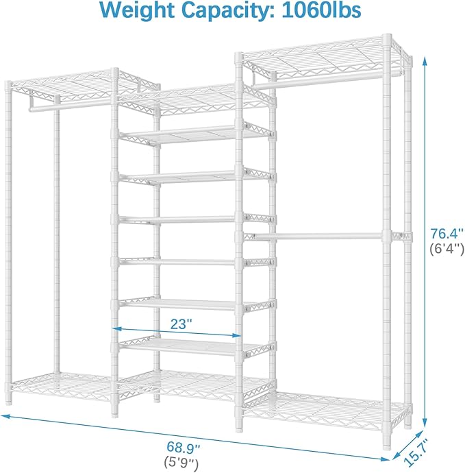 VIPEK S3 Freestanding Clothes Rack Heavy Duty Garment Rack 6-Tier Shoe Racks Closet Storage Organizer Large Wardrobe, Hanging Rod, Adjustable Metal Shelf, 68.9" L x 15.7" W x 76.4" H, White-NeatNest