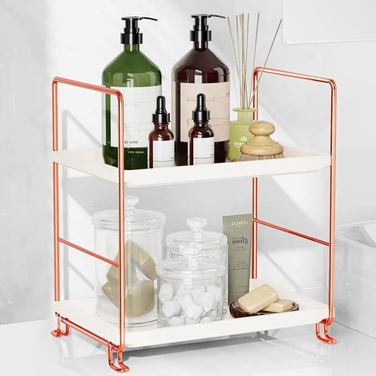 FSyueyun 2-Tier Bathroom Countertop Organizer, Tool-Less Installation Premium Plastics Makeup Shelf Organizer Perfume Skincare for Dresser Vanity Tray Organizers and Storage (Rose Gold)-NeatNest
