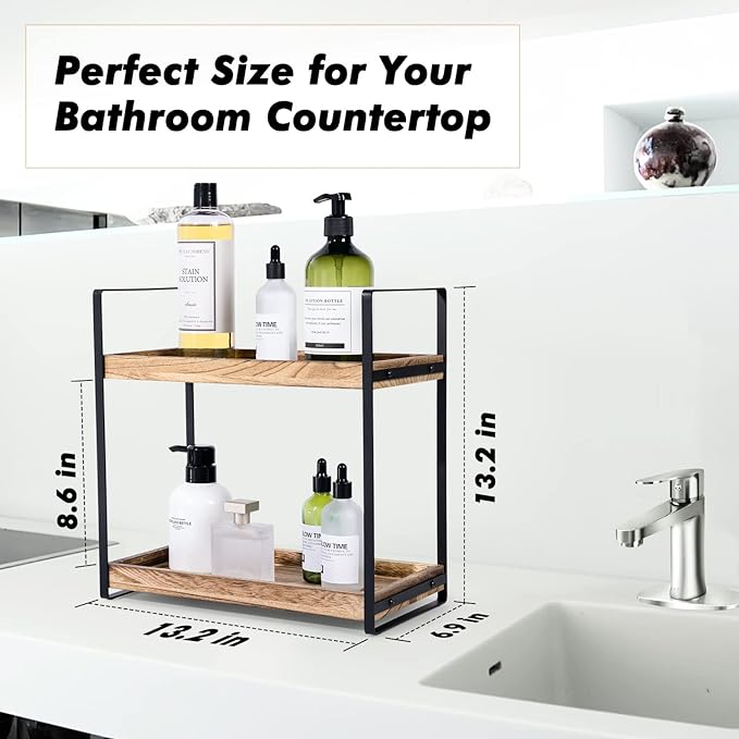 2-Tier Countertop Organizer for Bathroom Counter Wood Bathroom Counter Organizers Shelf Cosmetic Storage, Standing Vanity Tray for Room Organization and Decor