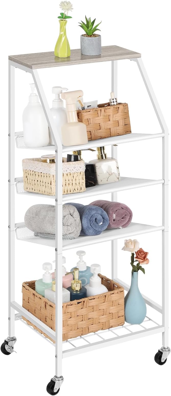 5 Tier Bathroom Towel Rack Cart with Wheels Metal Wood Rolling Utility Cart with Storage Shelves for Home Living Room Bedroom Kitchen, White