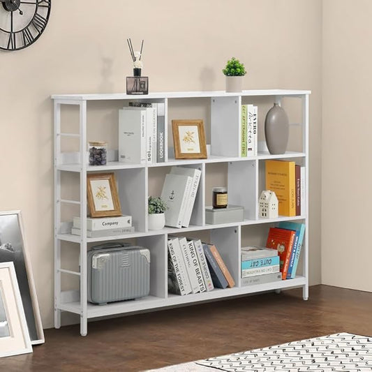 CAPHAUS 10 Cube Storage Organizer, 55” Wide 3 Tier White Industrial Open Shelf Bookcase, Display Shelf, Horizontal Bookshelf with Metal Frame, Wooden Board, for Living Room, Bedroom, Office-NeatNest